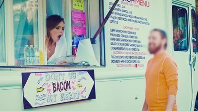 Young charming seller takes bald guy's huge jock in her wet gap during the time that clients are waiting for their bacon. But love doesn't care about