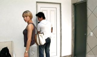 Slutty tranny with long legs loses his anal virginity in front of a camera and loves it